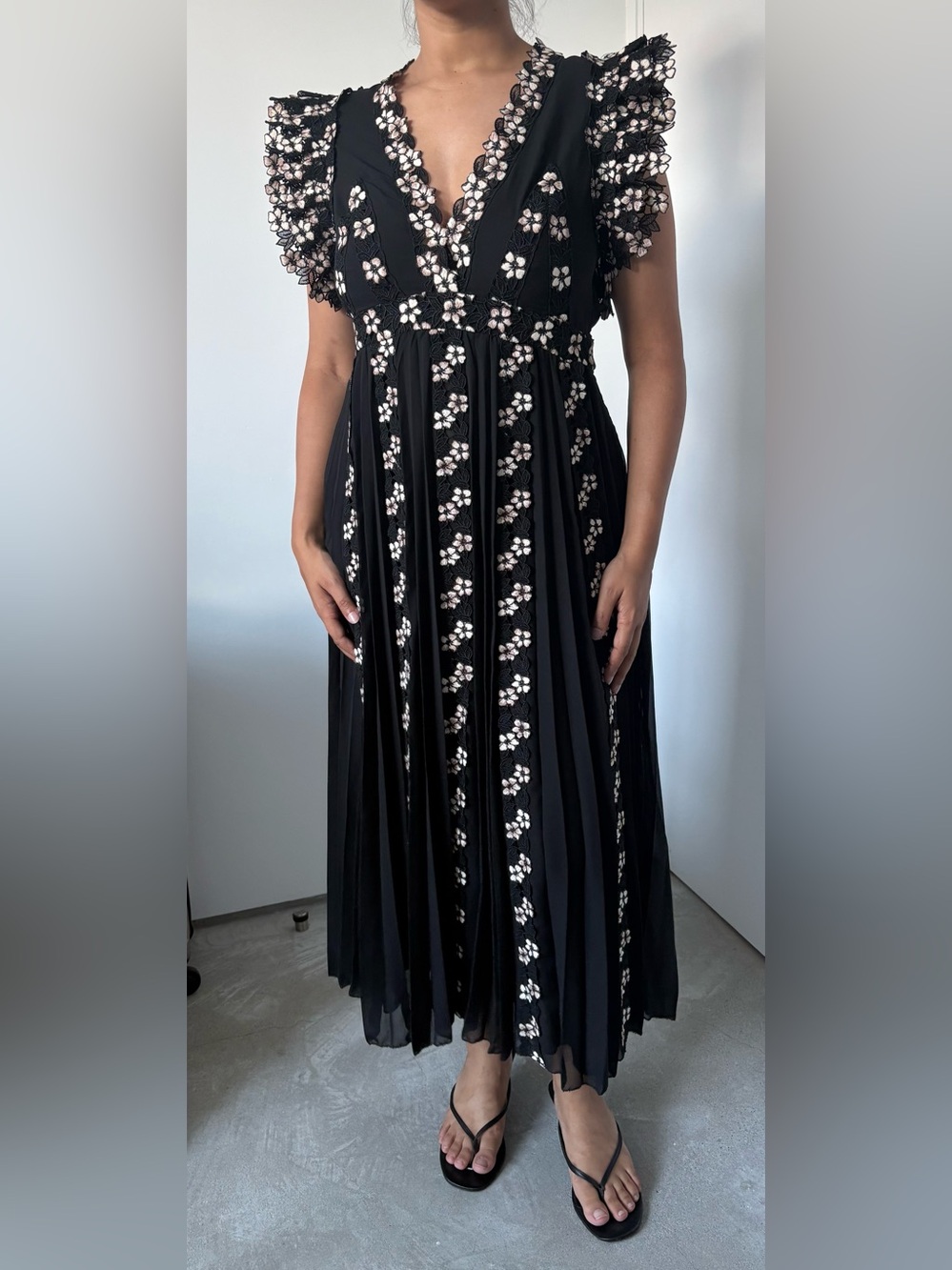 Black Maxi Dress with White Floral Embroidery